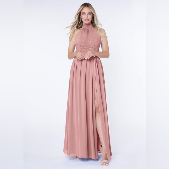 Azazie IMAN dusty rose Halter Neck Maxi Dress gown size 8 NWT - Picture 1 of 6
